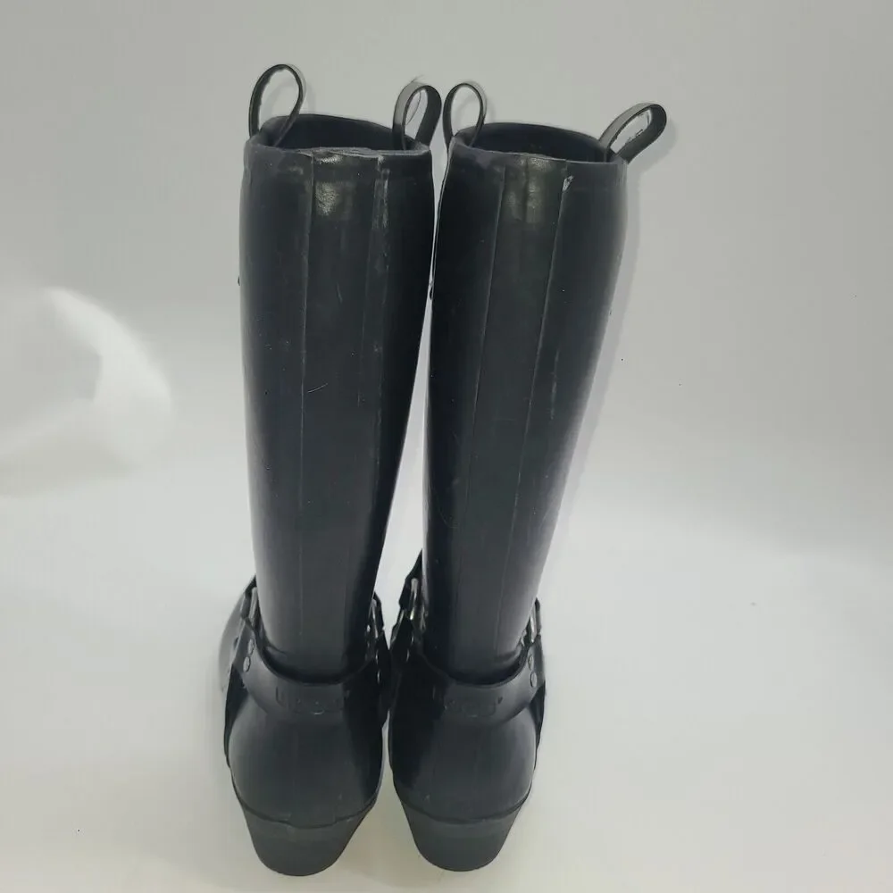 Bogs Dakota Tall Boots Rubber Pull On Low Heel Harness Black Square Toe Womens 7